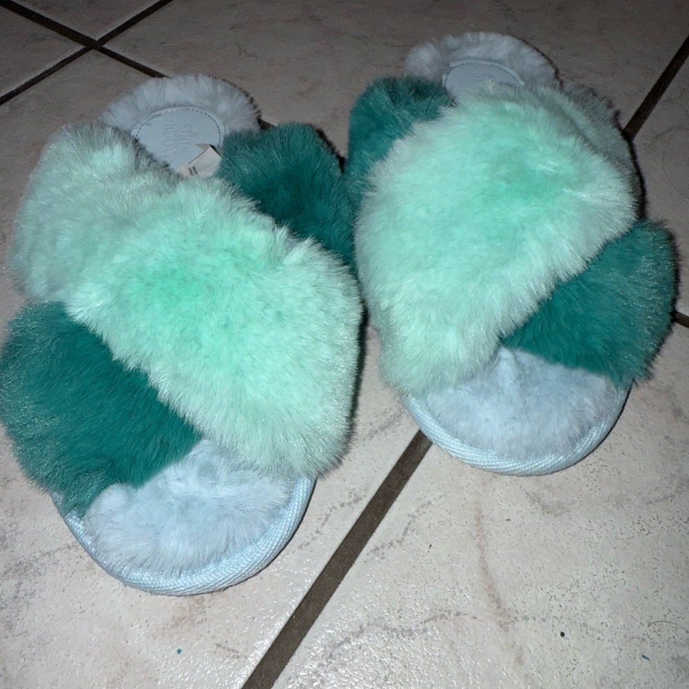 Mint Green and Teal Fuzzy Women's Slippers